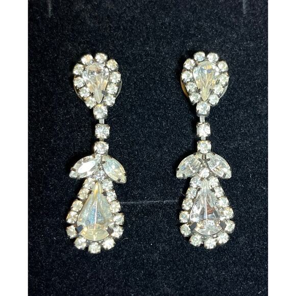Vintage Rhinestone Drop Earrings – Clear Crystal Teardrop Dangle Silvertone - Picture 1 of 4